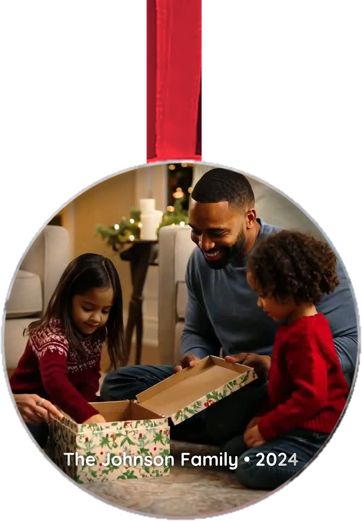2.25 inch personalized Christmas photo ornament with a satin ribbon